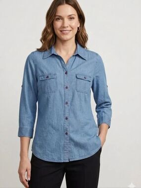 St. John's Bay M Light Blue 3/4 Slve Pockets Chambray Women Buttons Down  Shirt